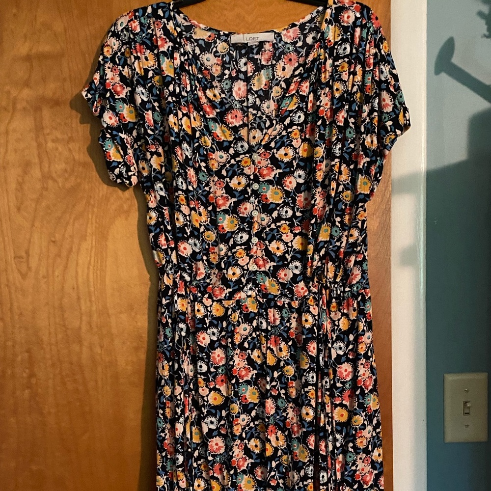 LOFT Floral Draw string waist dress - size M but fits like L-XL